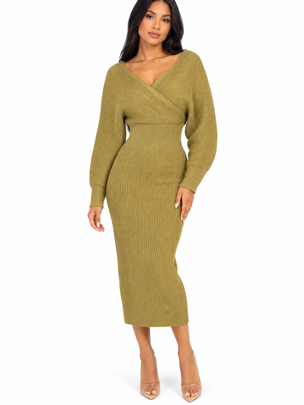 Commense Olive Green Ribbed Knit Wrap Midi Dress Size Small NWT ❤️